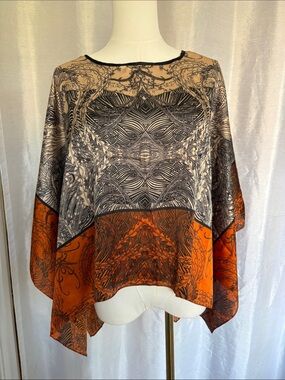 Boho Printed Silk-Like Orange & Black Women's Poncho Top
